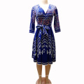 Deep V-neck Blue Printed Half Sleeve Pleated A-line Women Casual Dress
